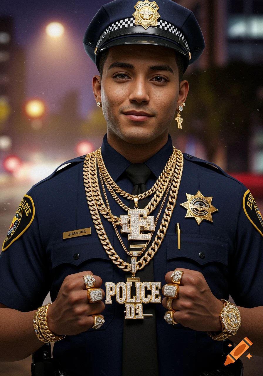 A man in a police uniform with a dark blue shirt and cap, covered in multiple layers of thick gold chains, rings, a watch, and earrings. He smiles slightly at the viewer.