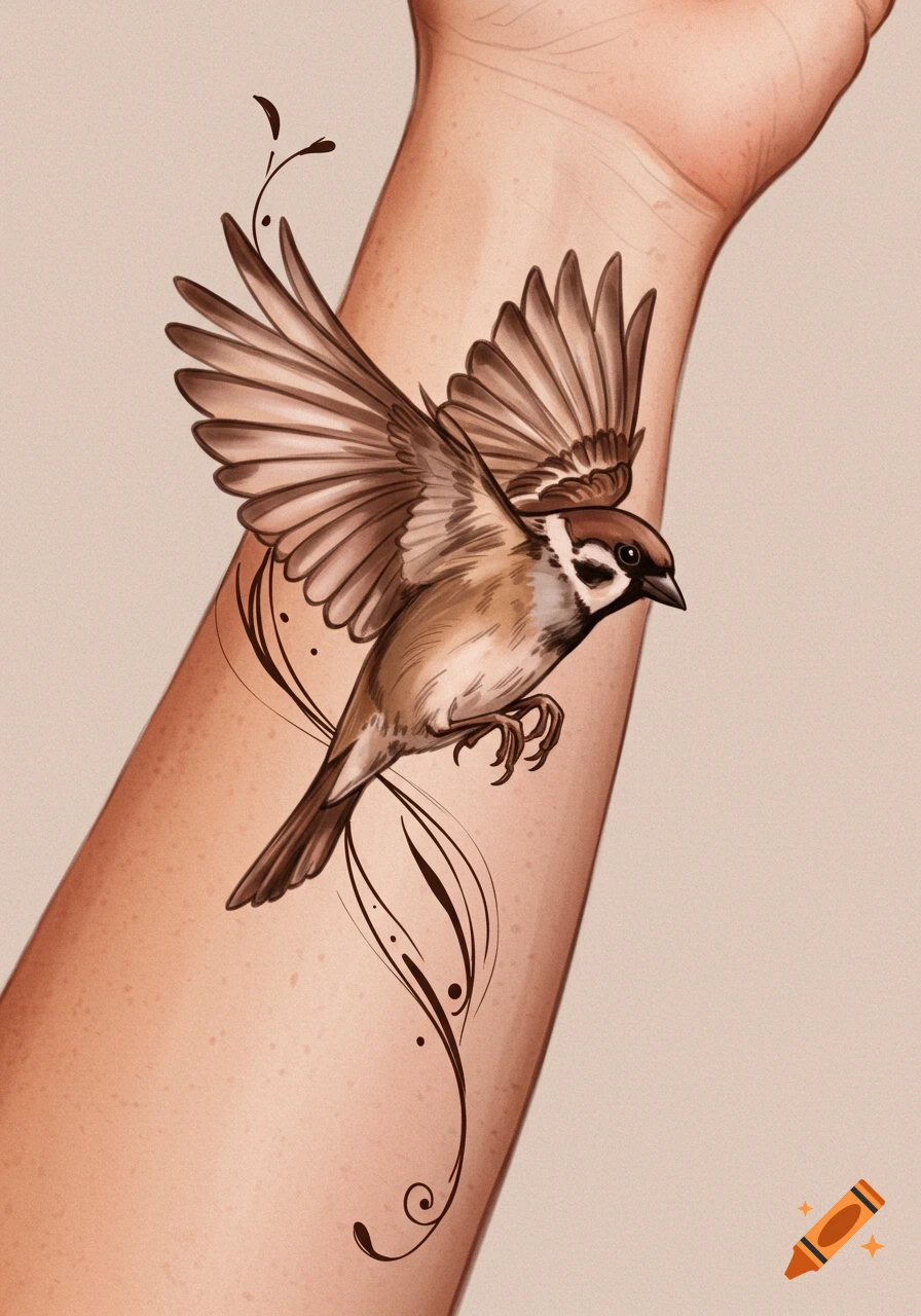 Brown ink tattoo of a sparrow with outstretched wings flying on an inner  forearm. on Craiyon, image size:896x1280