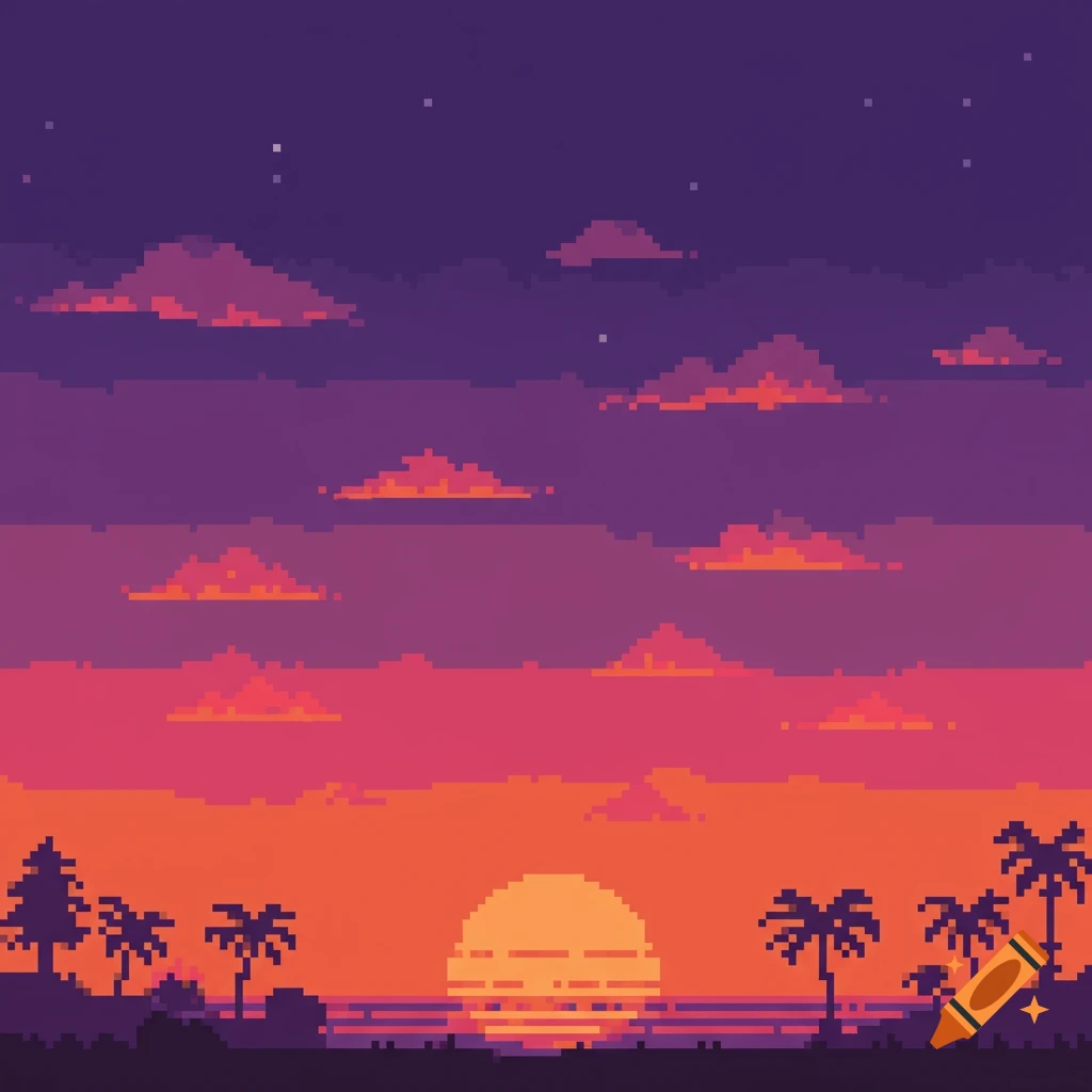 A vibrant 8-bit pixel art sunset over a tropical landscape with palm trees and a gradient sky.
