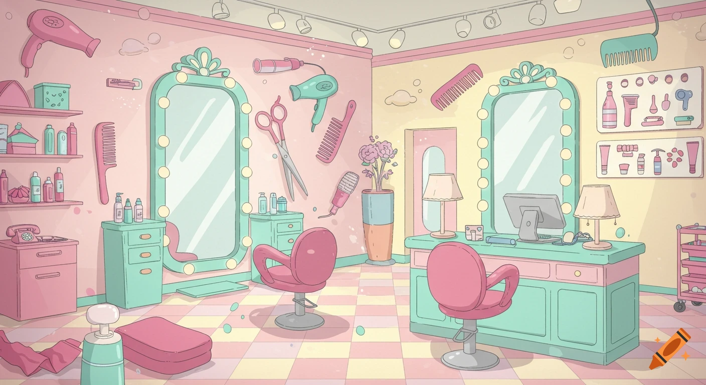A pastel-colored, cartoony professional salon interior with mirrors, pink chairs, and various hair styling tools on display.
