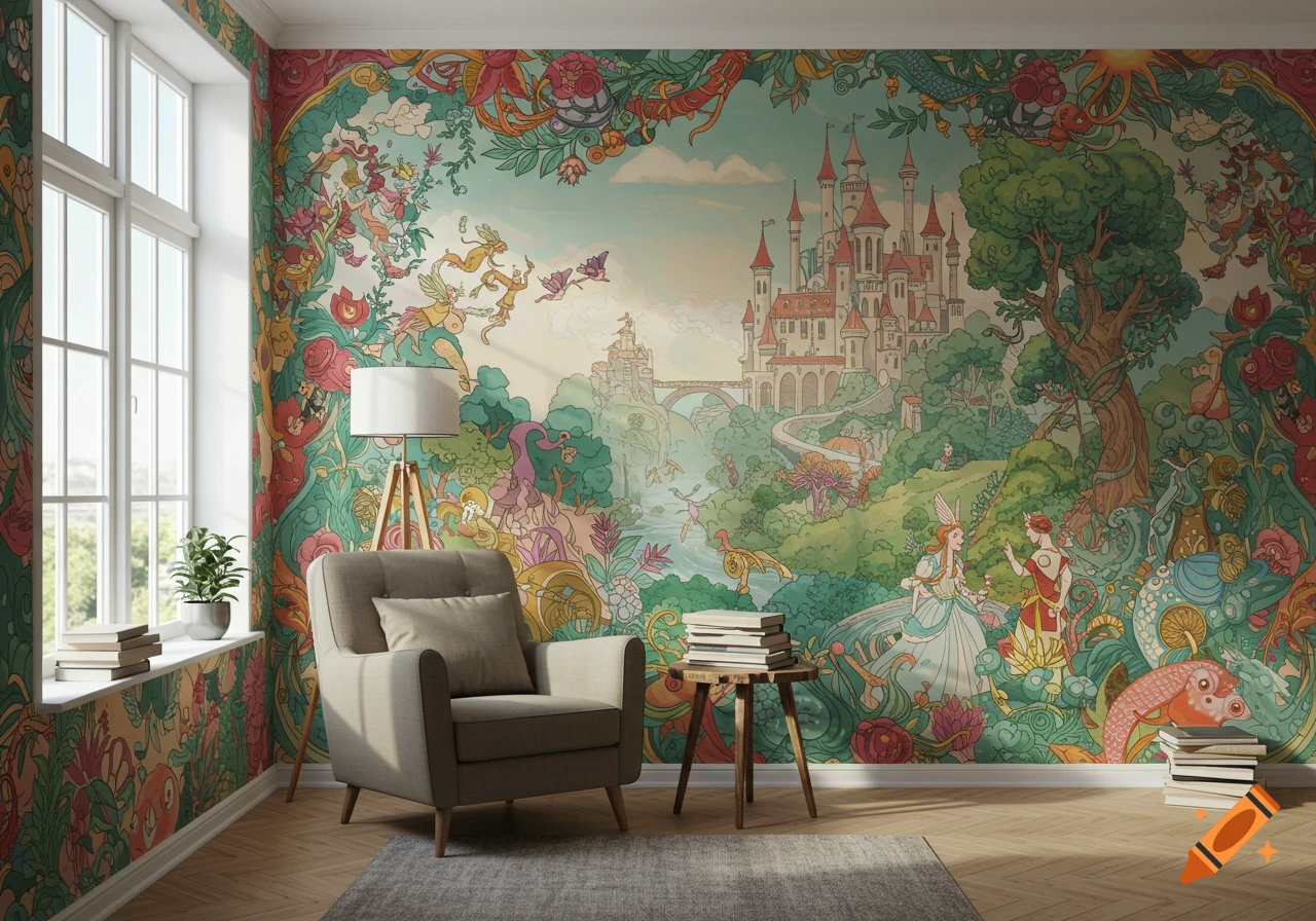 A room with a large, colorful fairytale mural featuring a castle, whimsical creatures, and lush landscapes. An armchair and lamp are visible.