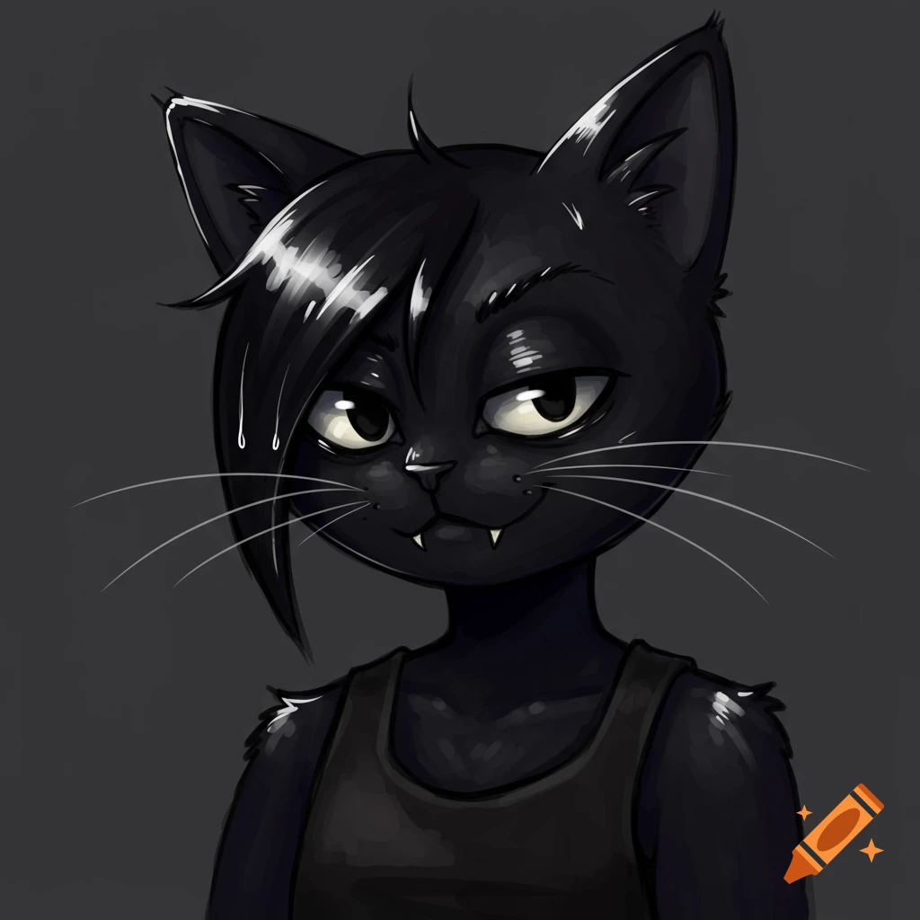 A stylized black cat avatar with sleek hair, sharp fangs, and yellow eyes, wearing a dark tank top.