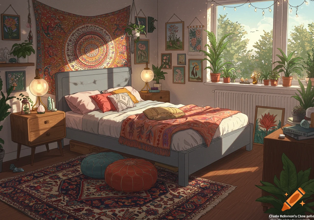 Colorful, sunlit bohemian bedroom with a gray bed, patterned tapestry, intricate rug, and numerous potted plants.