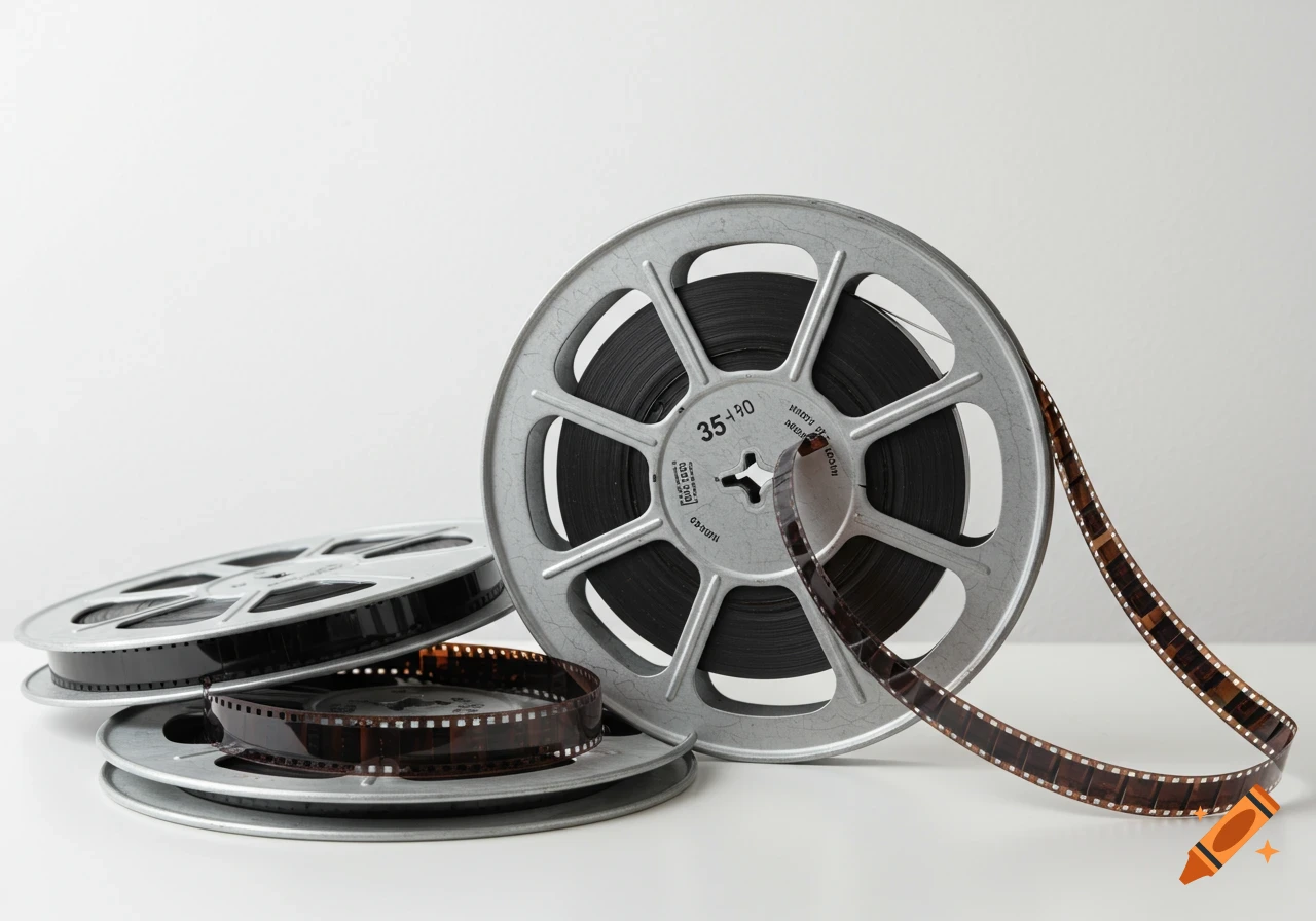 A close-up, photorealistic image of three 35mm film reels on a white table against a white background.