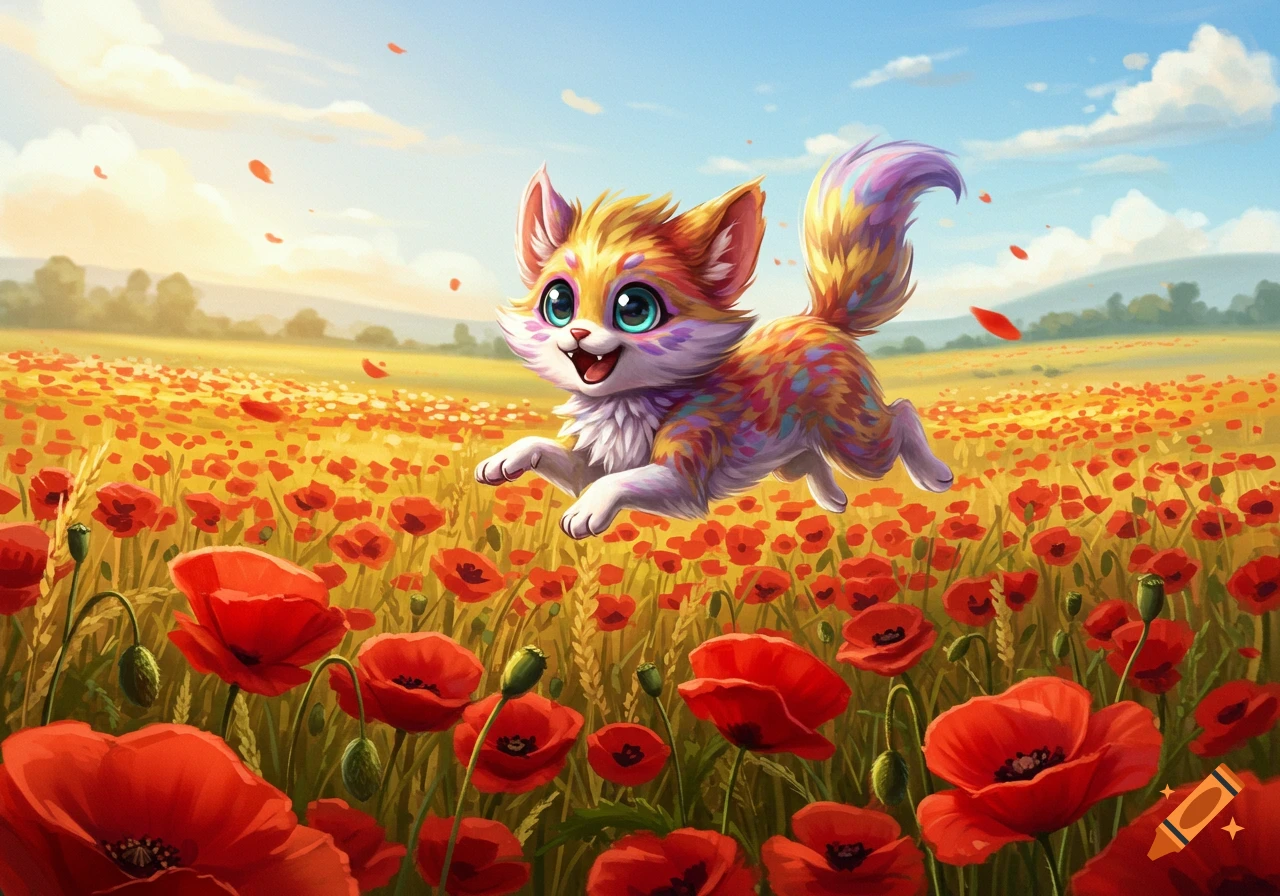 A colorful, fluffy fantasy creature with big blue eyes leaps through a vibrant red poppy field under a bright blue sky.