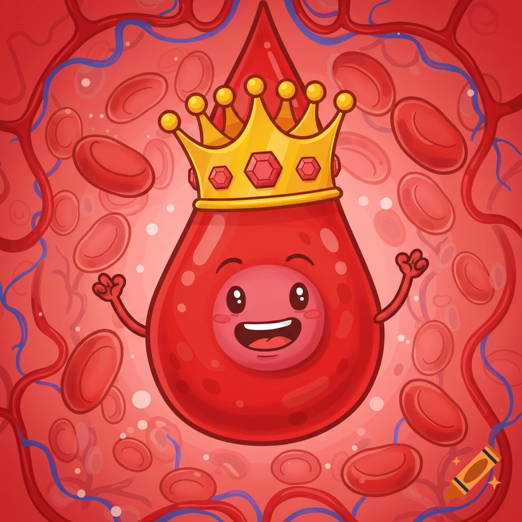 A cute cartoon blood drop character wearing a golden crown, smiling with open arms, surrounded by red blood cells and blue and red capillaries.