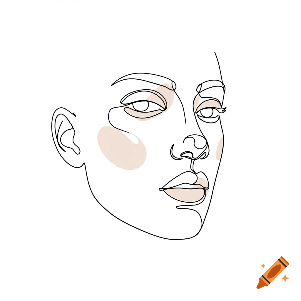 A minimalist one-line drawing of a face with abstract light pink shapes on a white background.