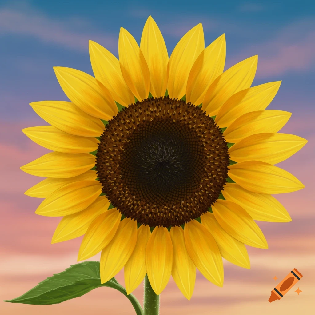 A vibrant sunflower with yellow petals and a dark brown center, set against a gradient blue and pink sky.