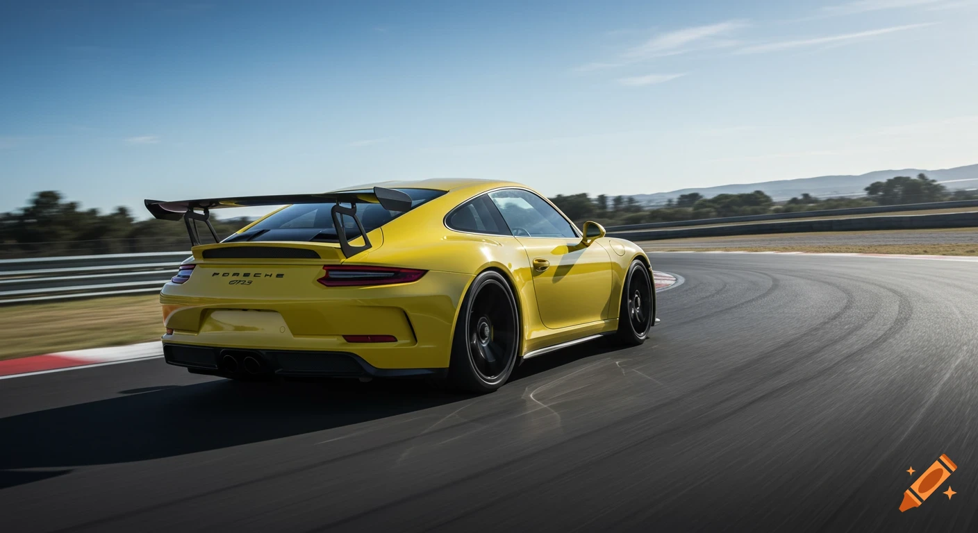 A bright yellow Porsche 911 GT3 RS with a large spoiler turns on a race track under a clear blue sky.