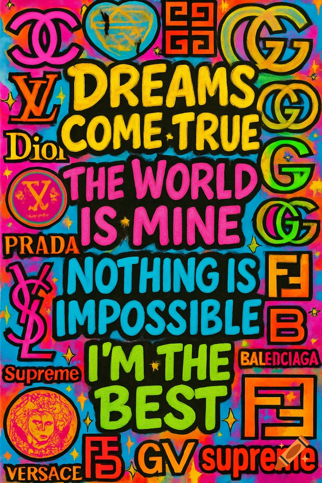 A vibrant pop art collage featuring luxury brand logos and empowering phrases like 'Dreams Come True' and 'The World Is Mine' in neon colors.
