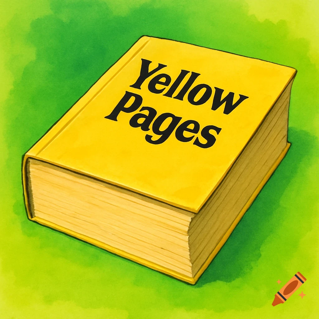 A thick yellow book with "Yellow Pages" printed on its cover, sitting on a vibrant lime green background in a vintage web graphic style.