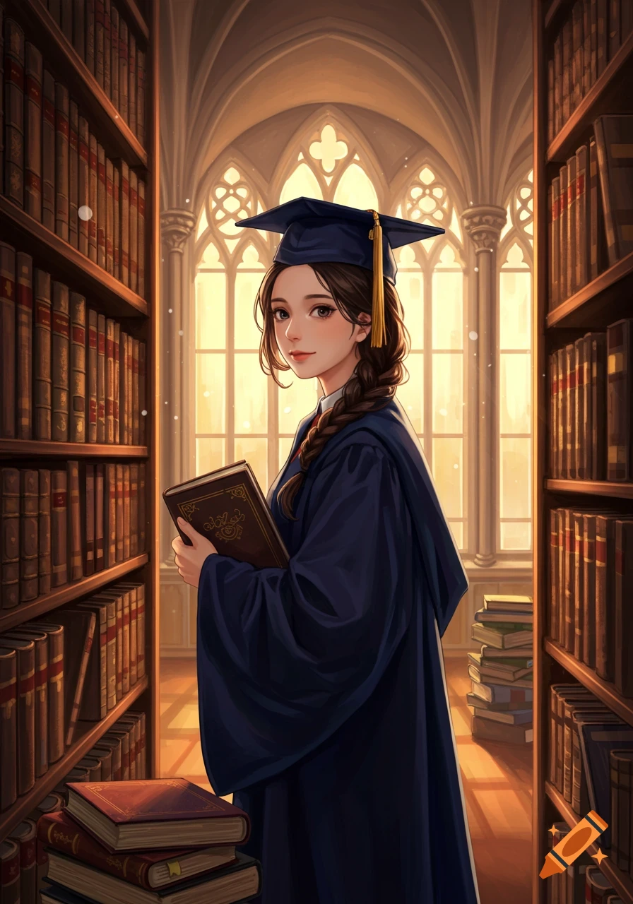 A young woman in a blue graduation cap and gown holds a book in a grand library, surrounded by tall wooden bookshelves.