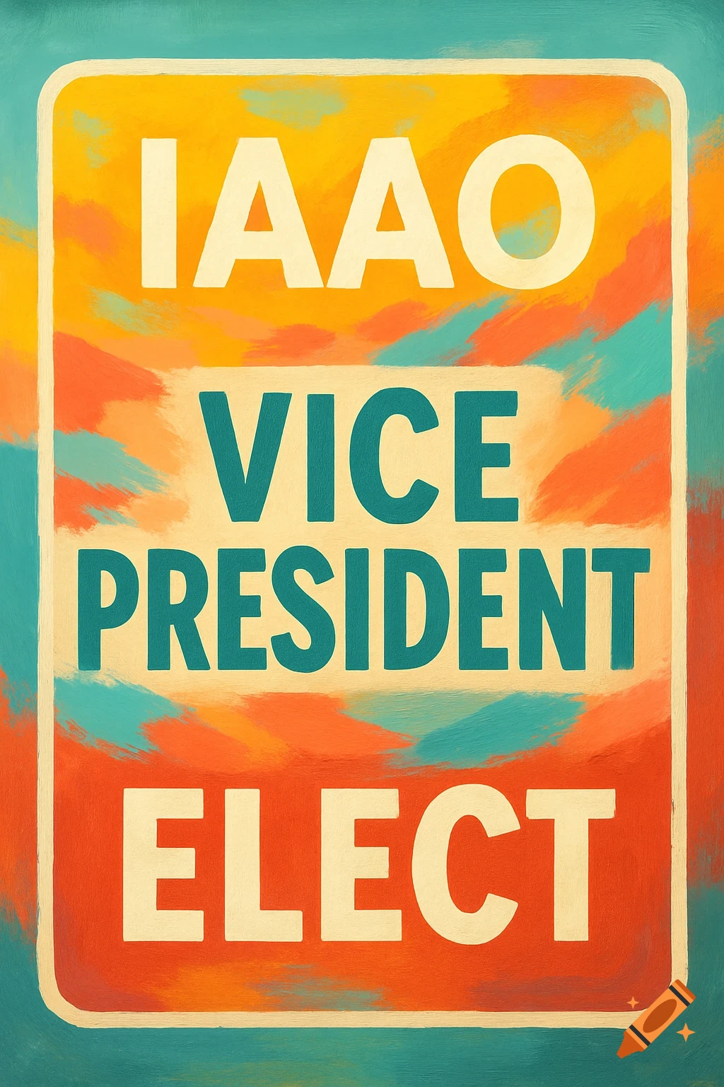 A vibrant, painterly postcard with the text 'IAAO VICE PRESIDENT ELECT' in bold letters on a background of orange, yellow, and teal brushstrokes.