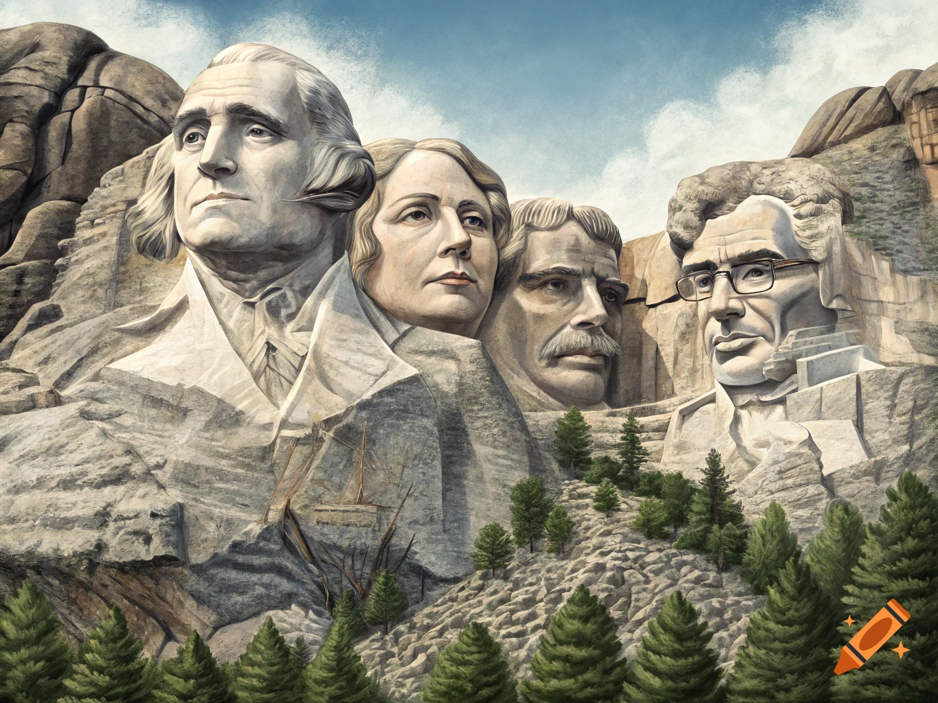 Mount Rushmore with the faces of Ruth Bader Ginsburg, Sandra Day O'Connor, Justice John Paul Stevens, and Chief Justice Earl Warren carved into the rock.