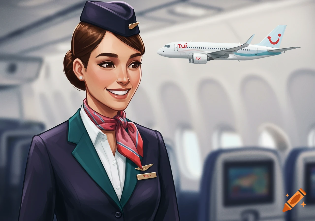 A smiling cartoon flight attendant in a uniform stands inside an airplane cabin, with a TUI airplane floating in the background.