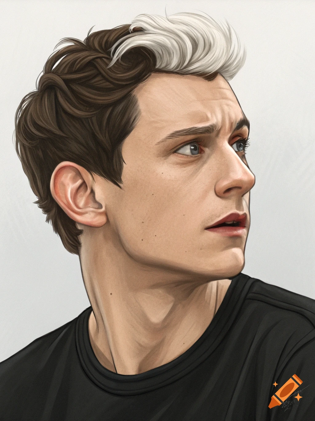 A portrait illustration of a young man with brown hair and a white forelock, wearing a black t-shirt, looking right.
