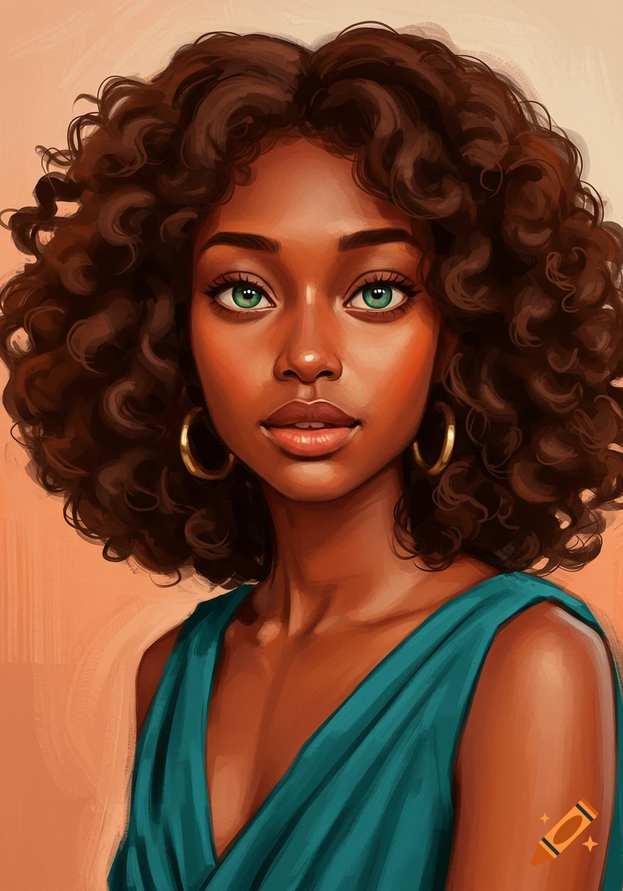A stylized digital painting of a young woman with dark curly hair and ...