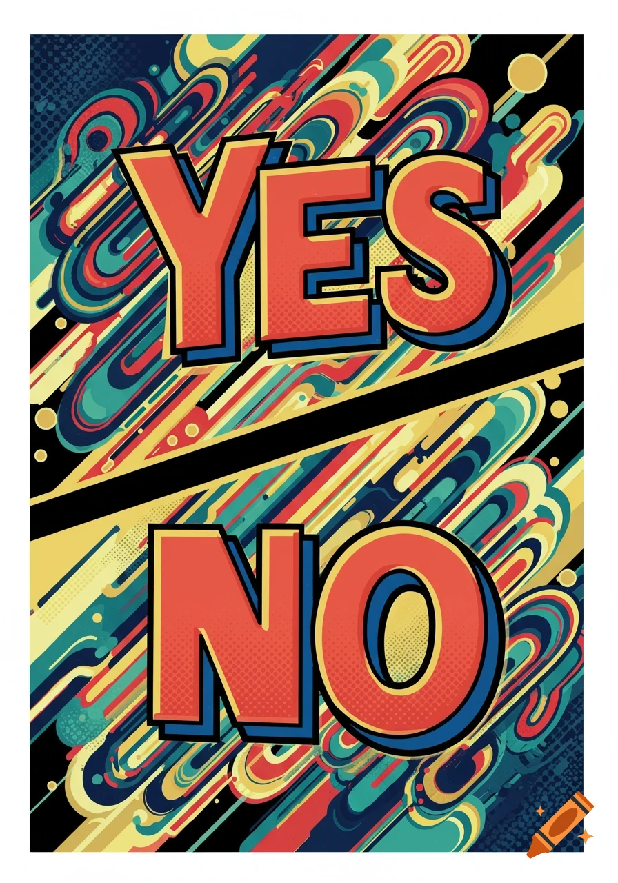 Bold red 'YES' and 'NO' text with blue outlines and halftone dots, on a vibrant abstract background with swirling and linear patterns in blue, yellow, and red.