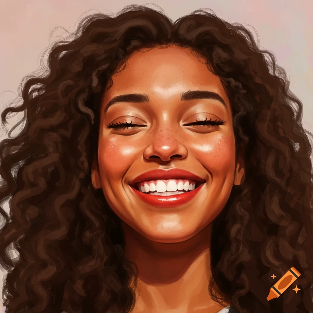 Close-up digital painting of a smiling woman with closed eyes and curly dark hair.