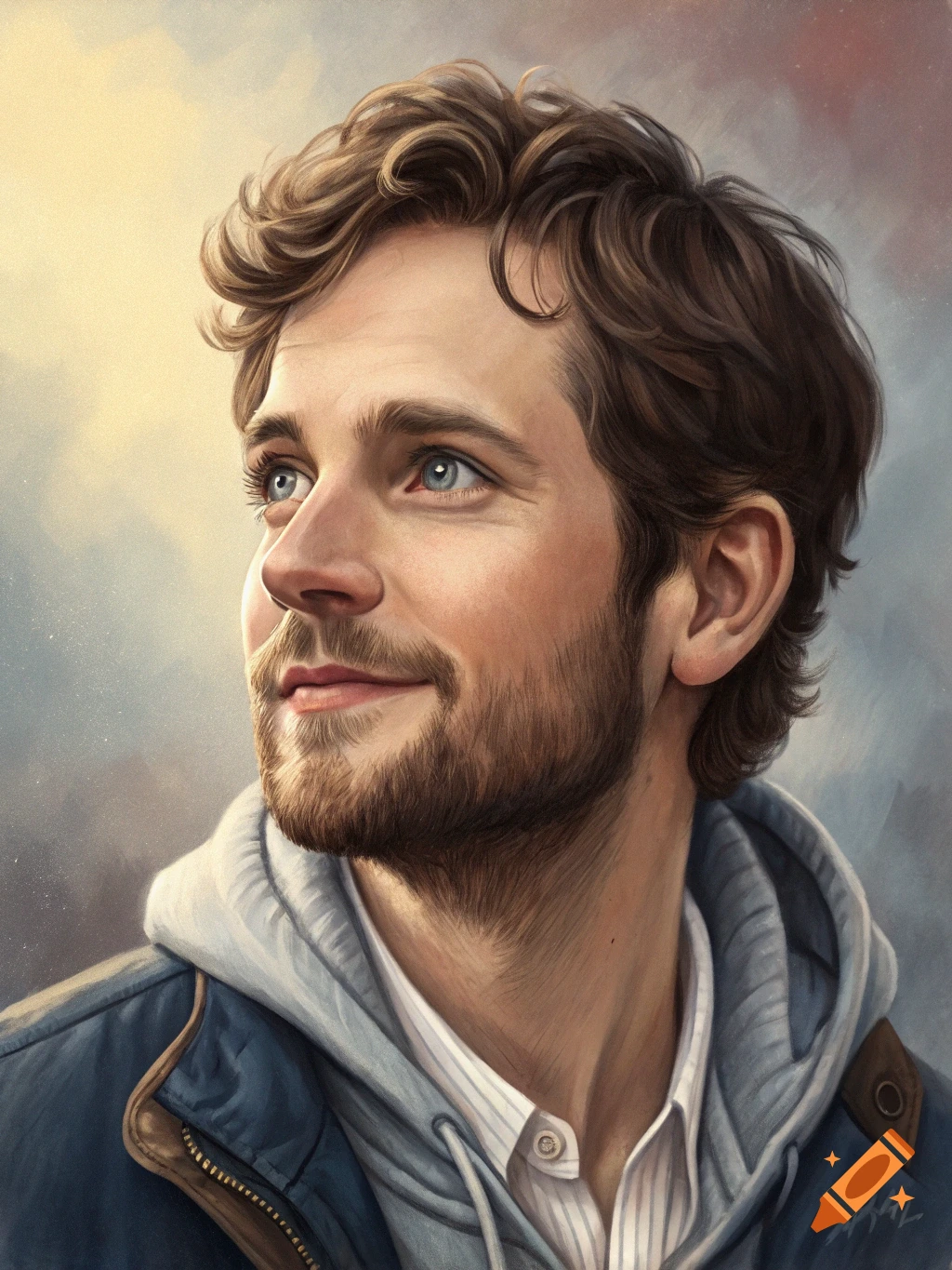 Close-up portrait of a smiling man with brown curly hair and beard looking up, rendered in a painterly style.