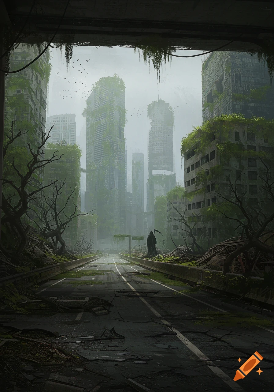 A post-apocalyptic cityscape with overgrown buildings, a ruined highway, and a dark hooded figure resembling the Grim Reaper.