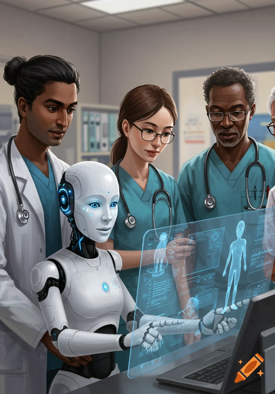 Diverse doctors and an AI robot examine holographic medical data in a hospital setting, illustration.