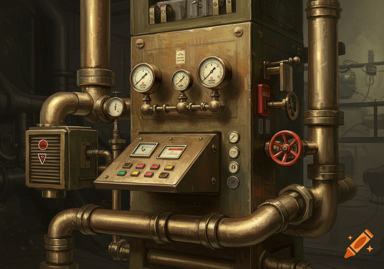 A detailed, rusty steampunk machine with brass pipes, pressure gauges, a control panel, and a red valve.