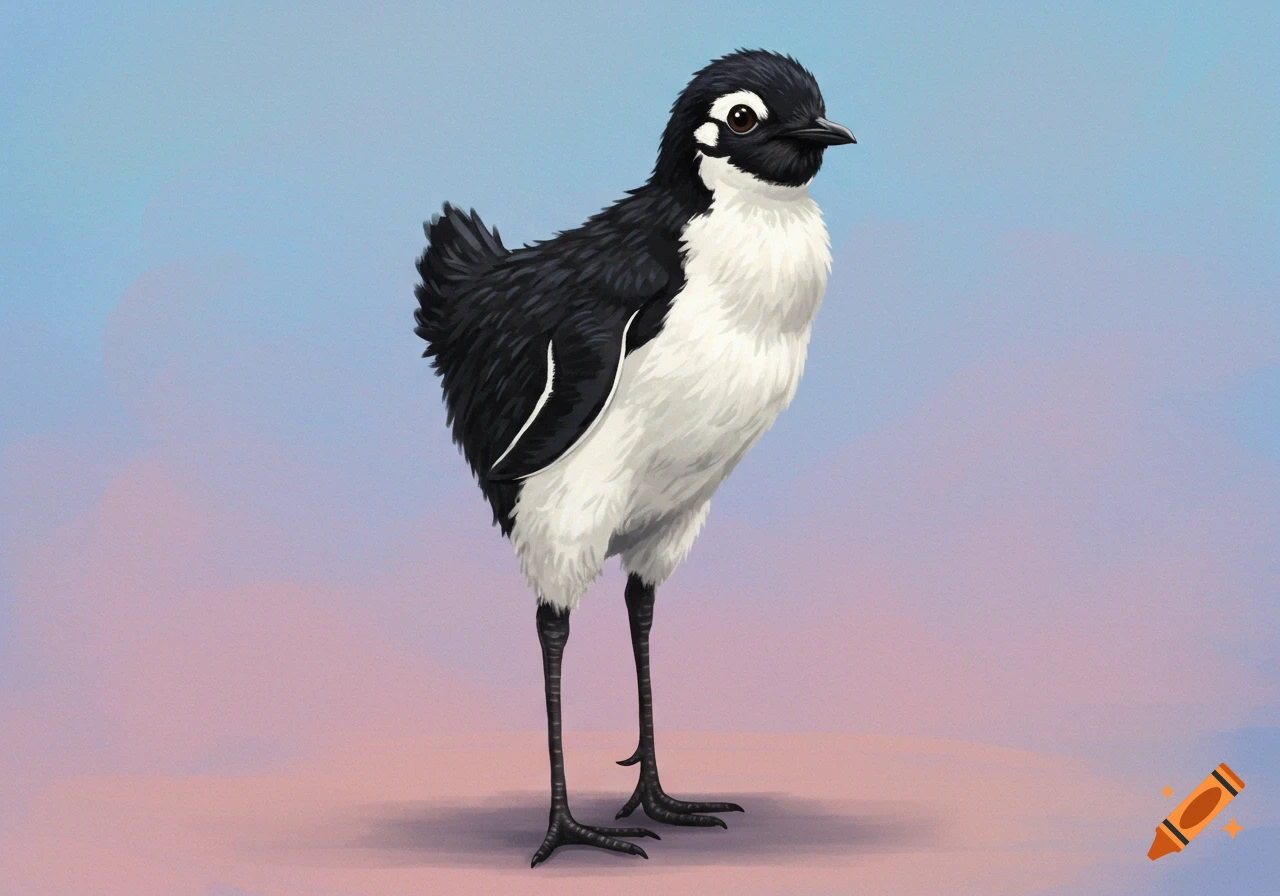 A tall black and white bird, a hybrid of a silky chicken and a penguin, stands on a pastel blue and pink background.