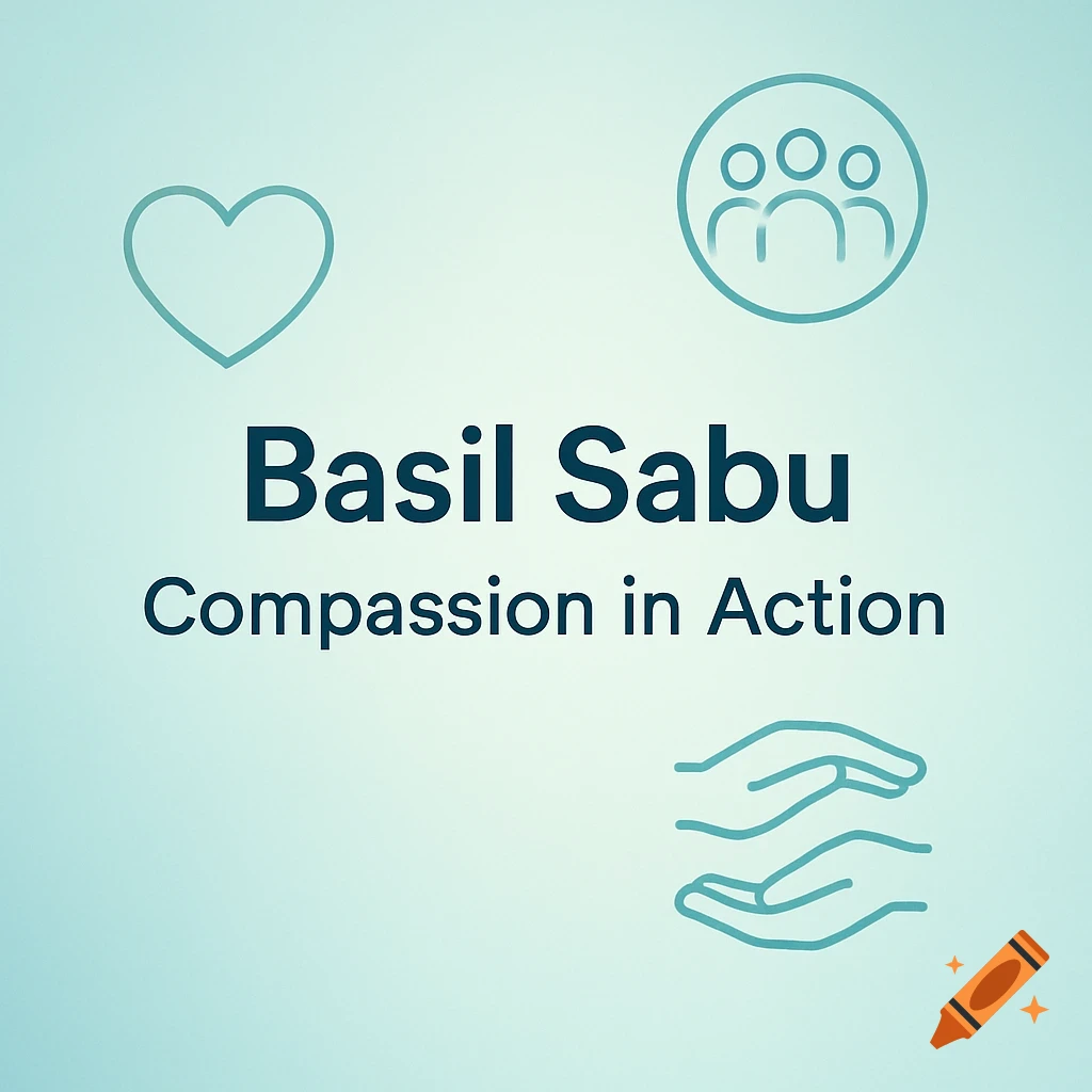 Dark blue text 'Basil Sabu' and 'Compassion in Action' on a light blue background with outline icons of a heart, community, and helping hands.