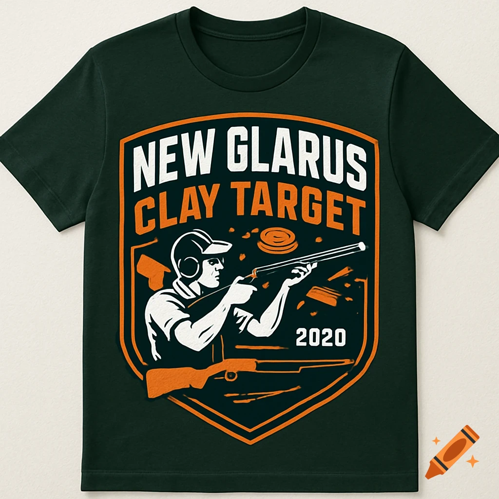 A dark green t-shirt with a clay target shooting graphic. The design features a shooter aiming a shotgun within an orange and white shield emblem, text 'NEW GLARUS CLAY TARGET 2020'.