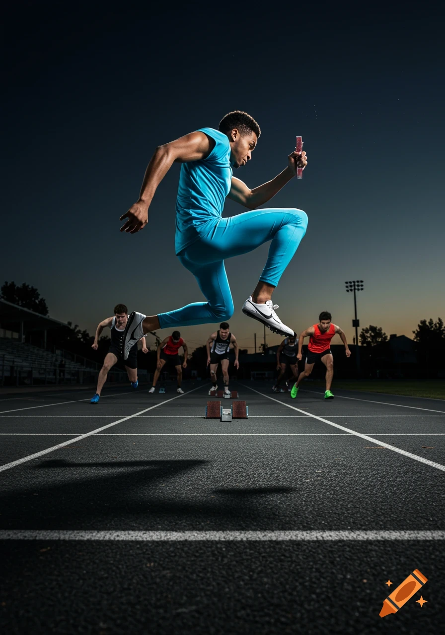 A male runner in blue jumps in the air at the start of a track race, with other runners on the starting blocks behind him at dusk.