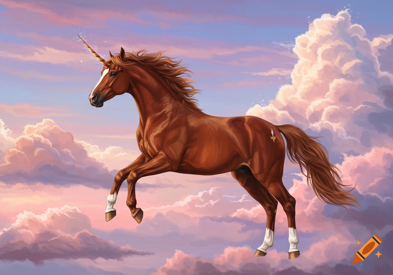 A majestic brown unicorn with a flowing mane and tail leaps through a pastel sky filled with fluffy clouds.