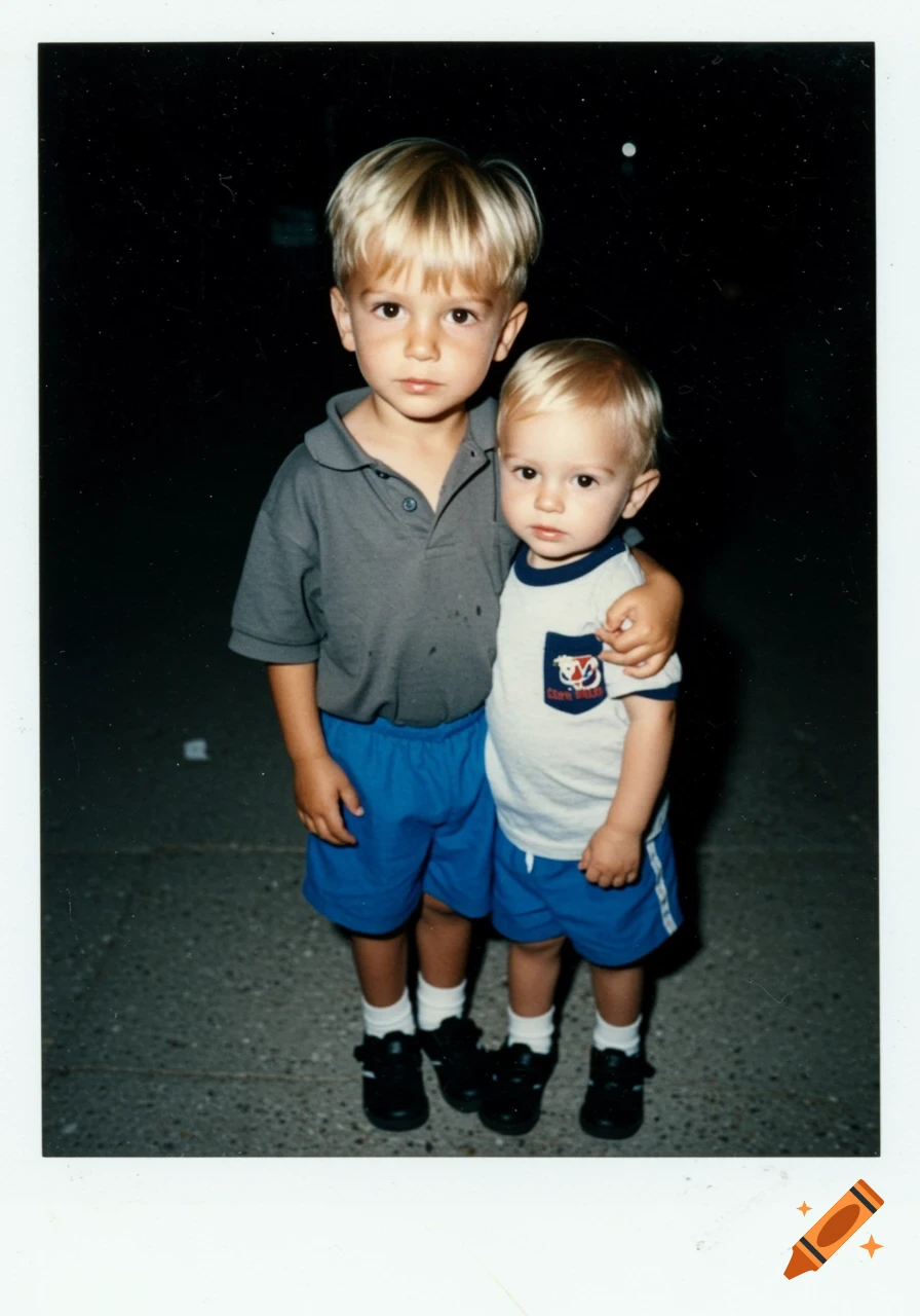 A 1990s style Polaroid photo of two young blonde boys, one older, with his arm around his little brother, both looking at the camera.