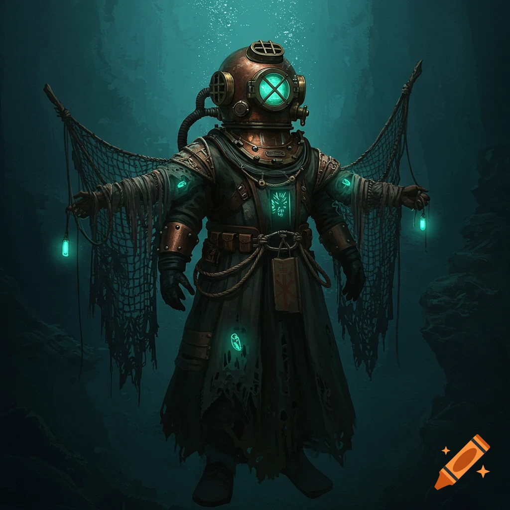 A figure in an old-fashioned copper diving helmet and a tattered, dark robe made with fishing nets, glows with teal symbols while floating in murky blue-green deep-sea waters.