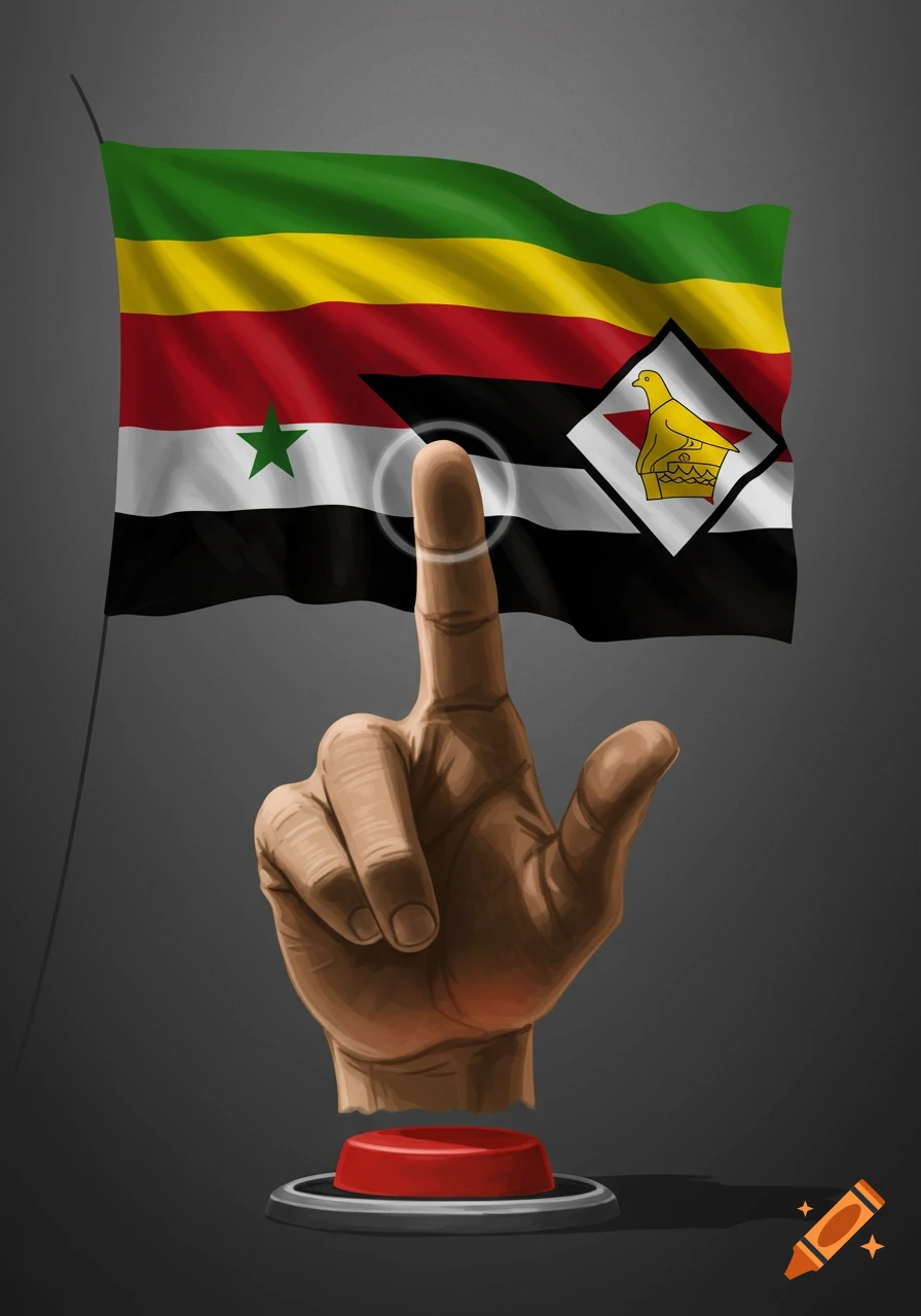 A stylized hand with an index finger extended, poised over a red button. Behind the hand is a waving flag that combines elements of the Syrian and Zimbabwean flags.