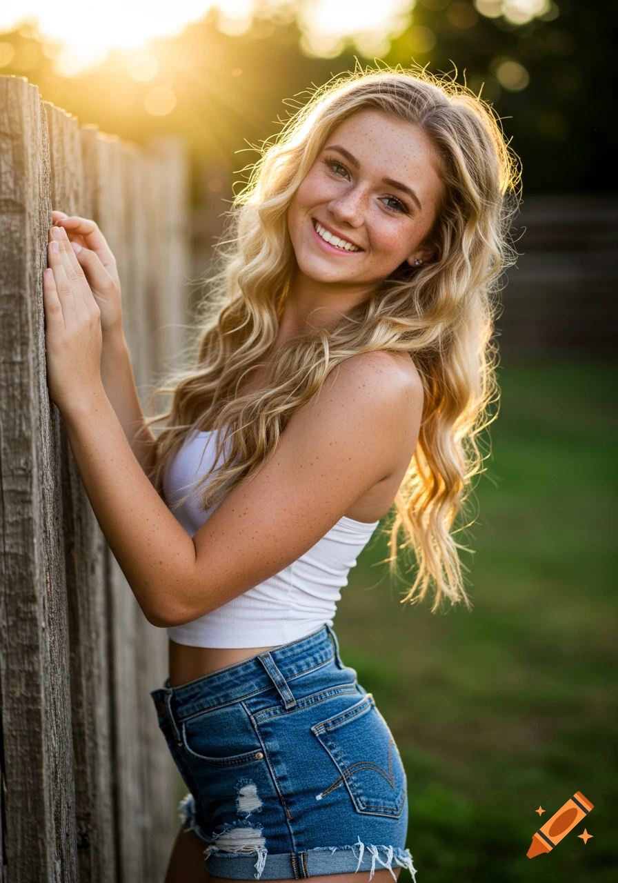 Smiling young woman with blonde wavy hair and freckles, in a white crop top and denim shorts, leaning on a wooden fence at golden hour.
