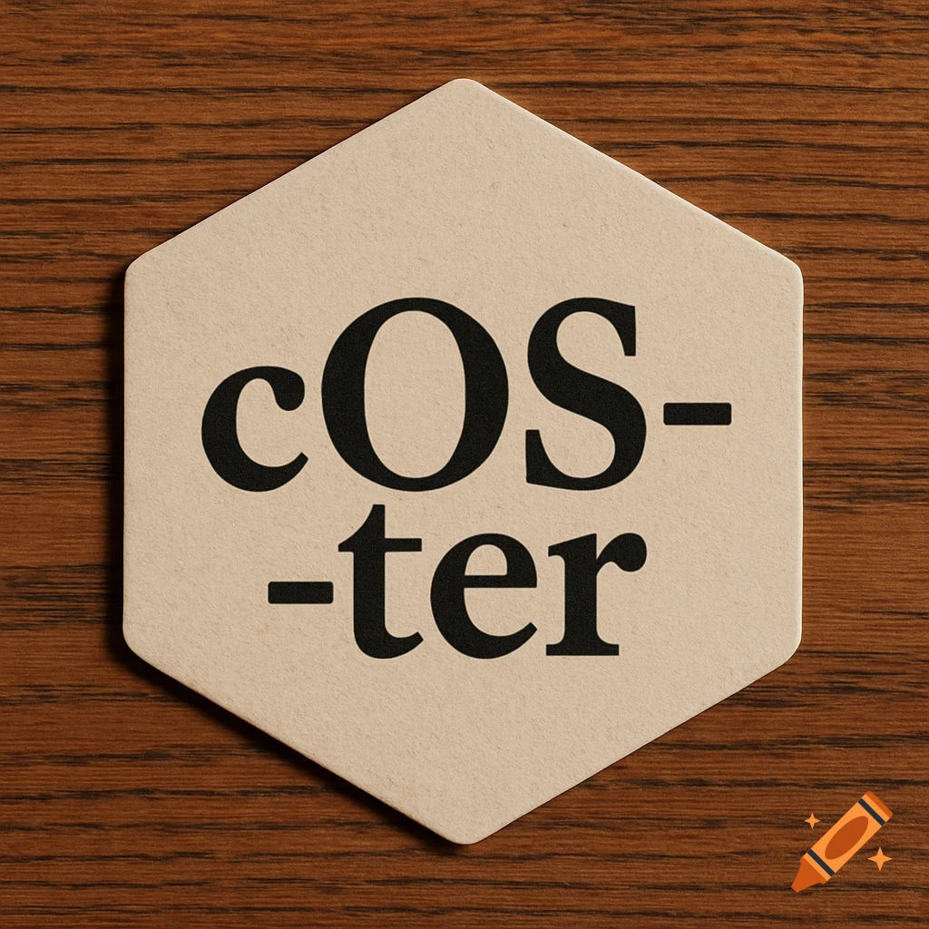 A hexagonal drink coaster with "cOS-ter" printed on it, resting on a wooden surface.