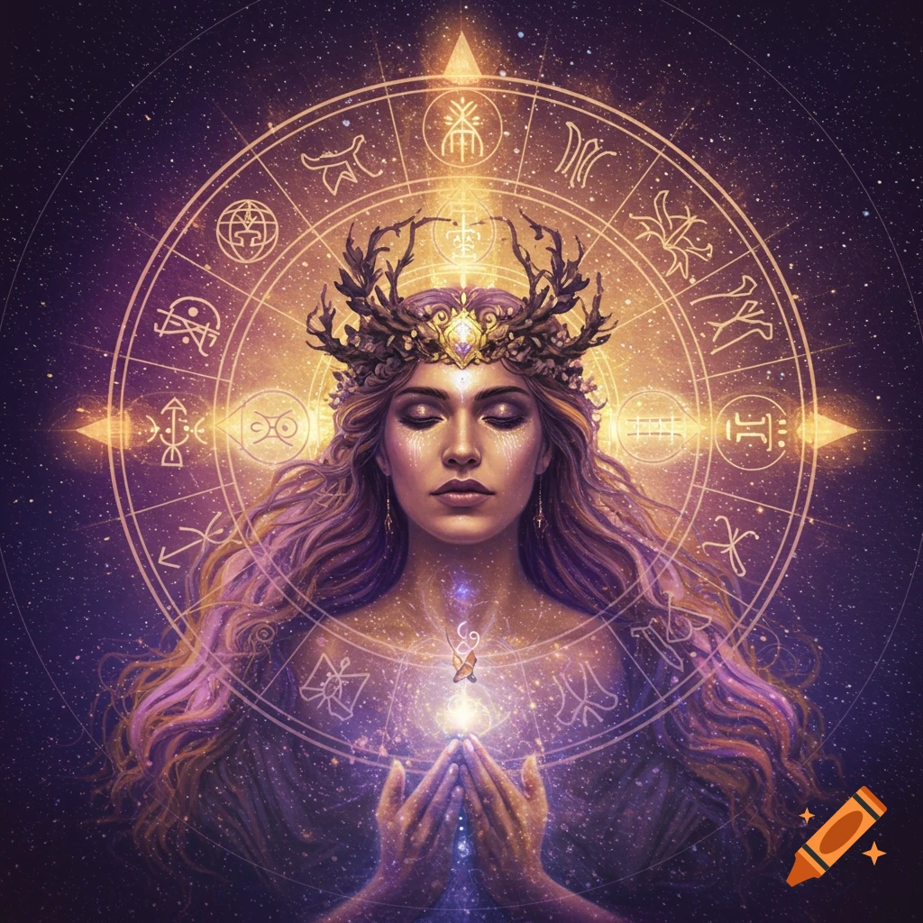 A mystical woman with a crown and closed eyes, holding glowing light, surrounded by a celestial wheel of glowing symbols.