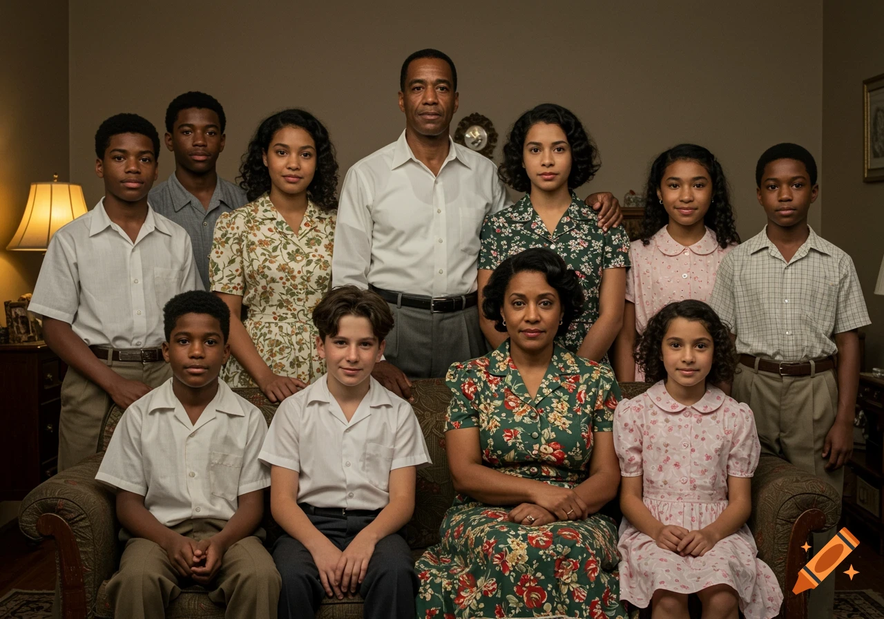 A large family of ten, including parents and eight children of varying ages, posed for a formal vintage-style portrait in a modest living room.