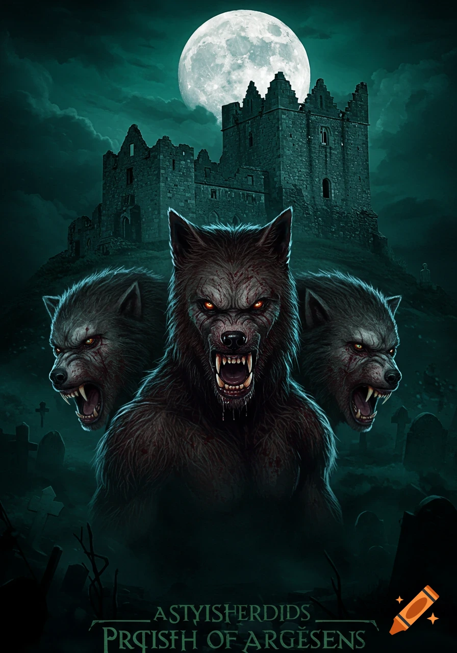 Digital art of three snarling werewolves with glowing eyes, standing in a graveyard before a crumbling Irish castle under a full moon at night.