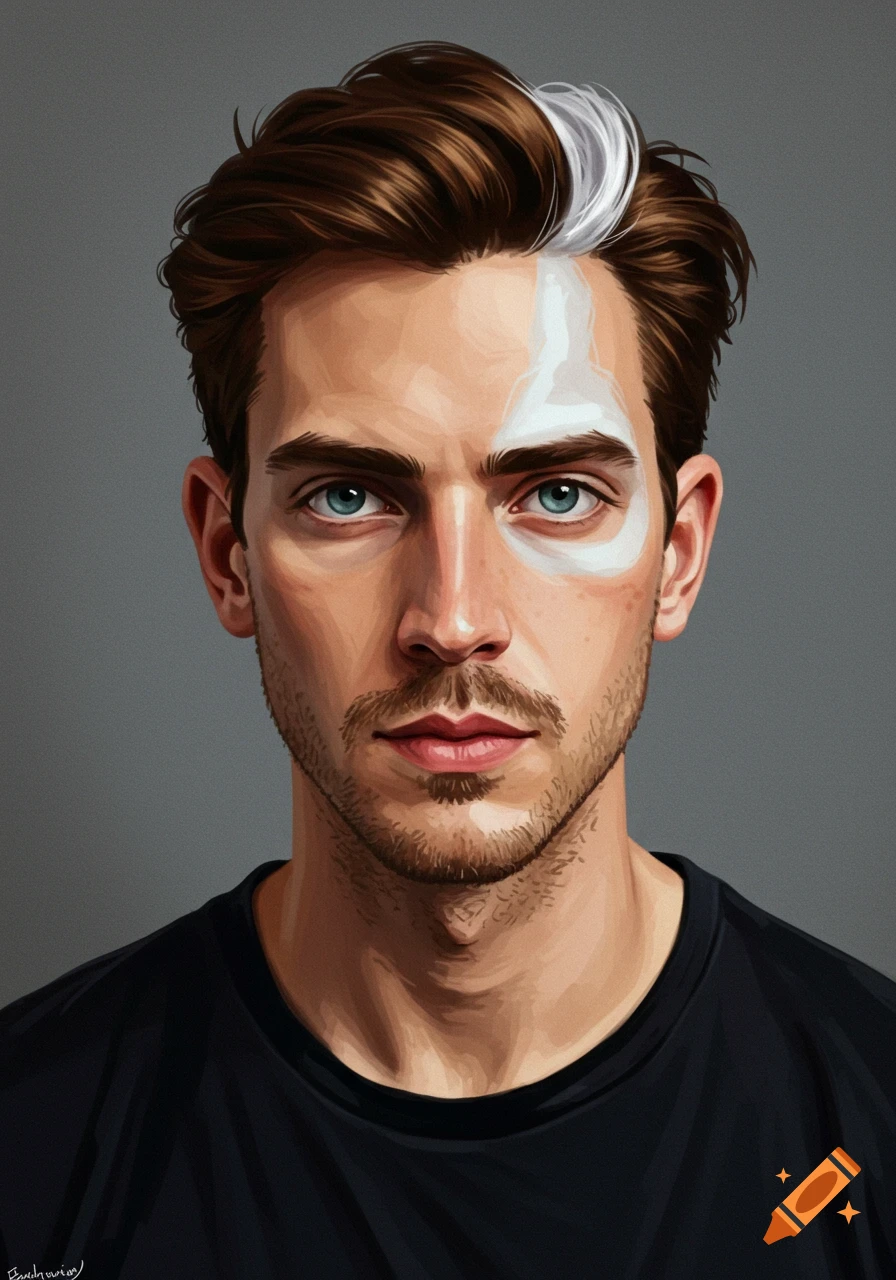 Stylized portrait of a man with brown hair and a white bleached streak, wearing a black t-shirt.