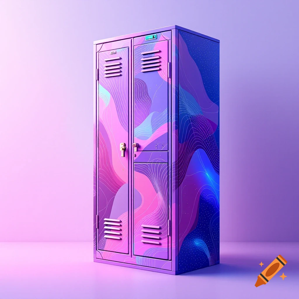 A vibrant purple and blue locker featuring abstract wavy patterns stands against a soft gradient background.