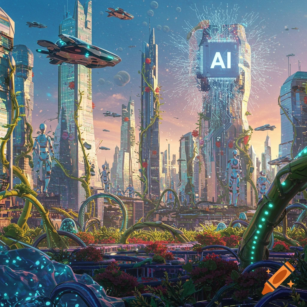 Vibrant digital art of a futuristic city with an AI chip integrated into a skyscraper, robots, and flying vehicles.