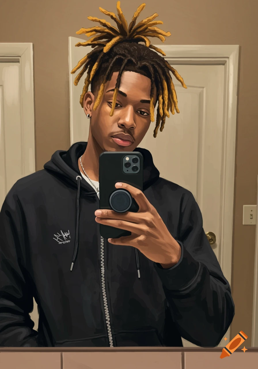 A young man with golden-tipped dreadlocks takes a mirror selfie in a black hoodie, holding an iPhone with a pop socket.