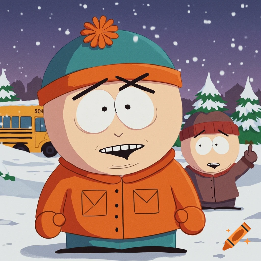 Two South Park characters, one in orange looking surprised, the other gesturing, stand in a snowy scene with a school bus.
