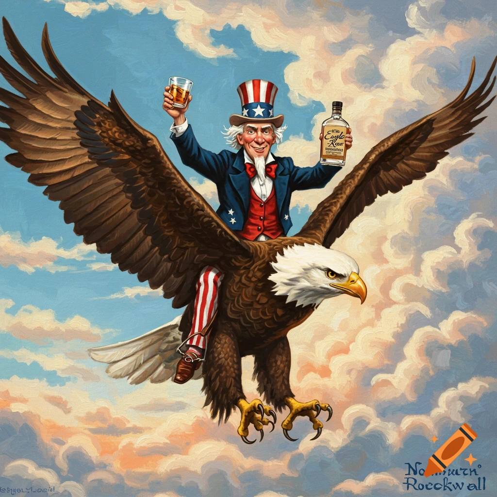 Uncle Sam riding a bald eagle through the clouds, holding a glass of whiskey and a bottle of Eagle Rare bourbon.