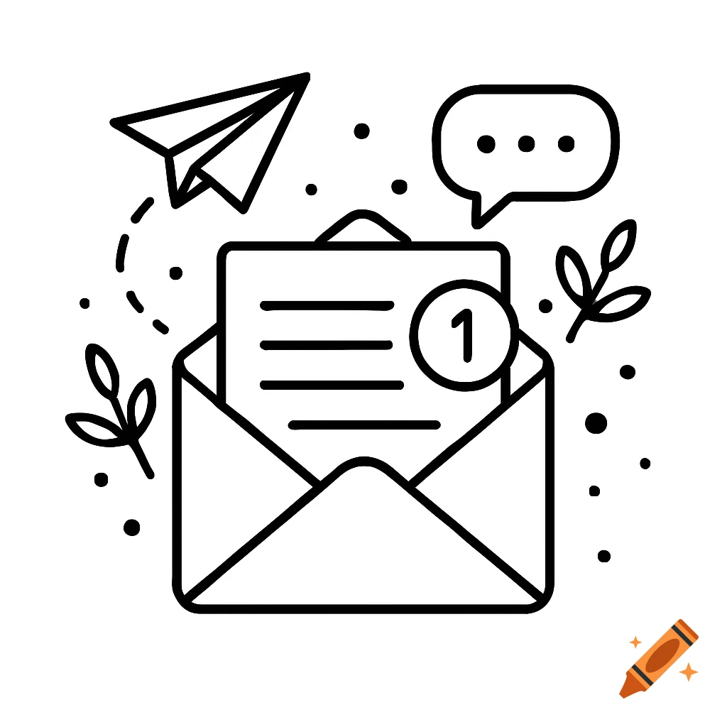 Minimalist black and white line illustration of an open envelope with a notification (1), a paper plane, and a speech bubble.