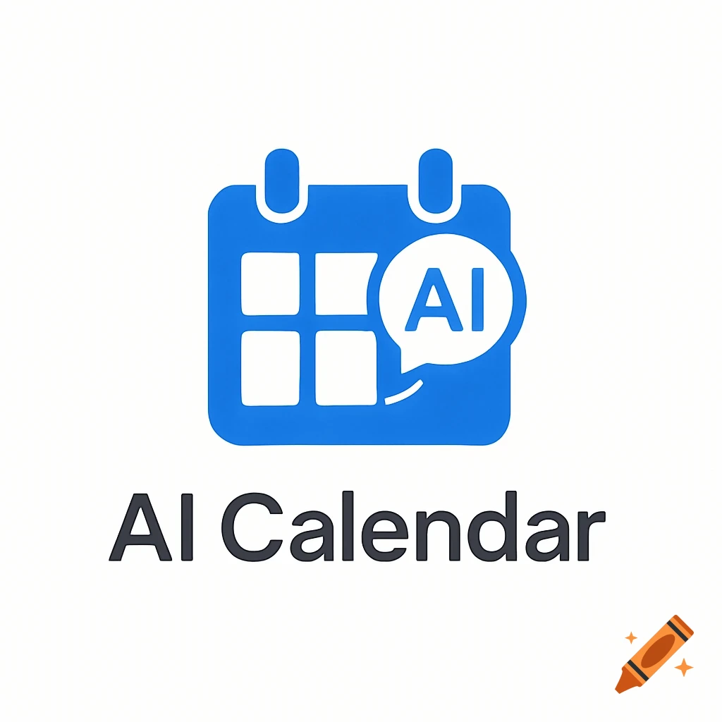 Blue calendar icon with a speech bubble containing 'AI', and the text 'AI Calendar' below it.