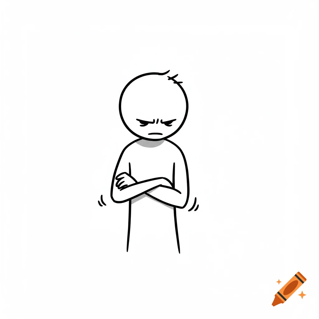 A simple black and white stick figure with arms crossed, expressing frustration.