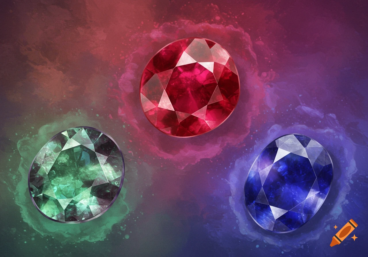 Three oval-cut gemstones in red, green, and blue hues, set against a vibrant, watercolor-like background.